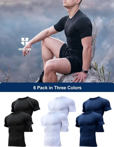 Vista 5 de HOPLYNN 6 Pack Compression Shirts Men Short Sleeve Rash Guard Base Layer Athletic Undershirt Gear Workout T-Shirt
