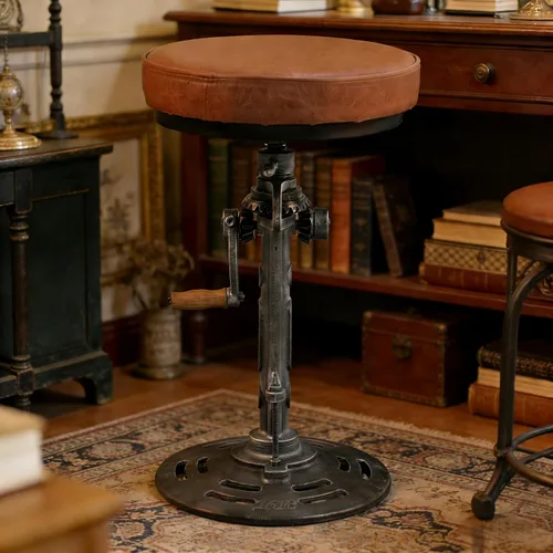 Vista 7 de LOKKHAN Taburete de bar industrial vintage estilo steampunk americano, estilo retro, base de hierro fundido giratoria, parte superior de cuero