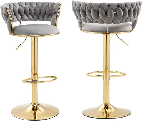 Vista 6 de Juego de 2 taburetes de bar giratorios de altura ajustable y 360, silla de recepción redonda moderna, silla de bar de terciopelo dorado, silla alta