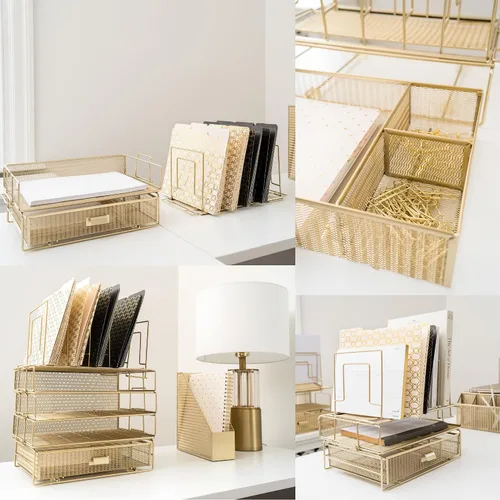 Vista 3 de BLU MONACO Juego de organizador de escritorio dorado con organizador de archivos desmontable, bandeja de papel apilable y cajón de almacenamiento