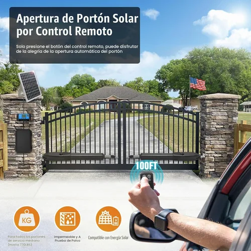 Vista 2 de JUJIANG C026 - Abridor de Puerta Solar con Baterías y Panel Solar para Puertas de Apertura Dual de hasta 1540lb, Kit Completo de Abridor de Puerta