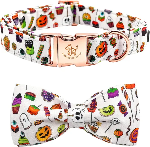 Vista 33 de Elegant little tail - Collar de otoño para mascotas con corbatín, lindo collar de Halloween con estampado de flores y calabaza para cachorros