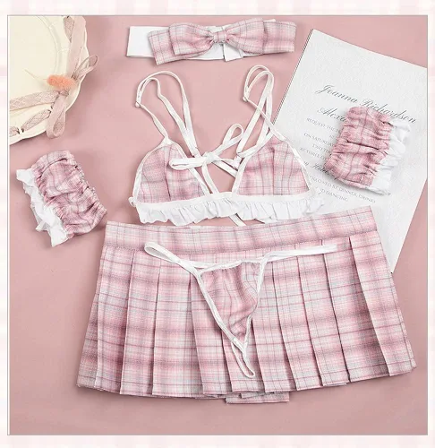 Vista 6 de Sexy Anime Cosplay Japonés Colegiala Uniforme Bikini Ropa Interior con Falda Plisada Cosplay lencería