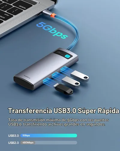 Vista 5 de Baseus Adaptador USB C a HDMI, estación de acoplamiento USB C 4K a 60Hz, concentrador USB C 7 en 1 con 3 USB-A, PD 100W, lector de tarjetas TF/SD