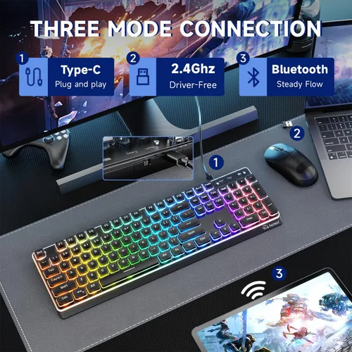 Vista 3 de M104 Teclado inalámbrico para juegos con cable/Bluetooth mecánico tacto iluminado teclado de computadora con teclado numérico RGB tamaño completo