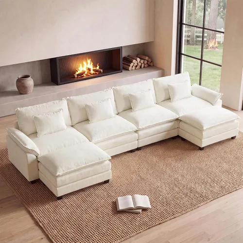 Vista 27 de Oprisen Sofá Seccional Modular, Cómodo Cloud Couch Sofá Seccional, Sofá Cama de Chenilla con Asiento Profundo con Almohadas Decorativas para Sala