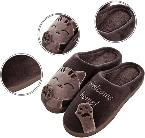Vista 3 de Rojeam - Zapatos de felpa con diseño de gato para mujer, cálidos, antideslizantes, antideslizantes, para mujer y hombre