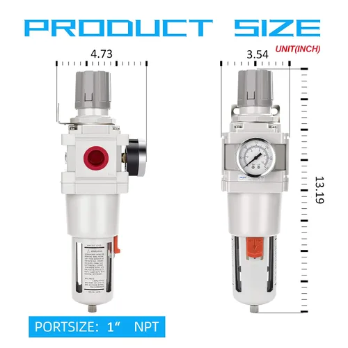 Vista 3 de 1" NPT Filtro de aire comprimido regulador combinado tipo piggyback, elemento de latón de 5 micrones, cuenco de policarbonato, desagüe