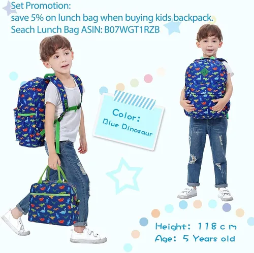 Vista 2 de VONXURY - Mochila y bolsa de almuerzo para niños, diseño de dinosaurios