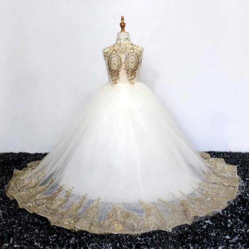 Vista 6 de Vestido de fiesta de tul de encaje dorado para niñas, vestido de baile largo hinchado