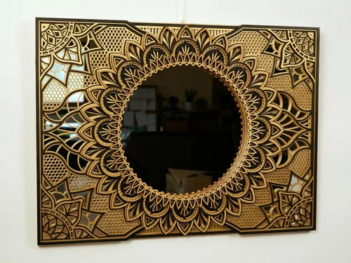 Vista 6 de BHDecor Espejo para decoración de pared para el hogar, marco tallado con corte láser, elegante mandala de madera para colgar, paneles de MDF