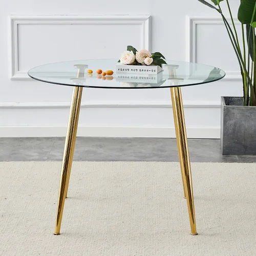 Vista 4 de A Glass Tabletop with a Diameter of 40 inches and a Modern Minimalist Circular Dining Table with Gold Plated Metal Legs. 40 '* 40' * 30 ' DT 1164