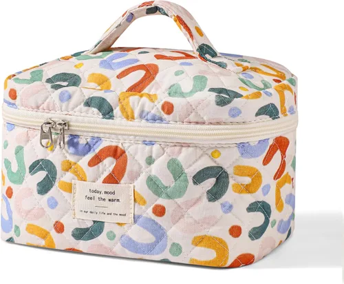 Vista 37 de uekeboag - Bolsa de maquillaje grande de viaje acolchada para mujer, neceser de algodón con estampado floral, neceser con estampado floral