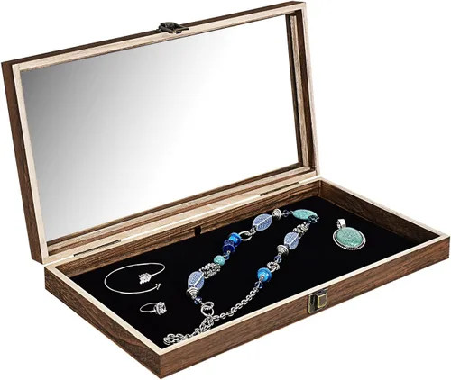 Vista 4 de Alhajerocaja para almacenar cuentas con tapa de vidrio templado y terciopelo negro. Caja de muestra de medallas, premios, alhajas y cuchillos.