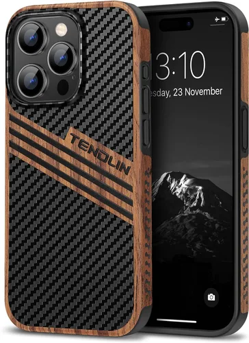 Vista 10 de TENDLIN Compatible con Funda para iPhone 15, Funda de Madera con Textura de Fibra de Carbono, Diseño Híbrido de Cuero Delgado (Negro)