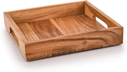 Vista 2 de Bandeja de madera de acacia con asas, bandeja de madera para servir, bandeja de aperitivos, bandeja de desayuno, ideal para desayuno, café
