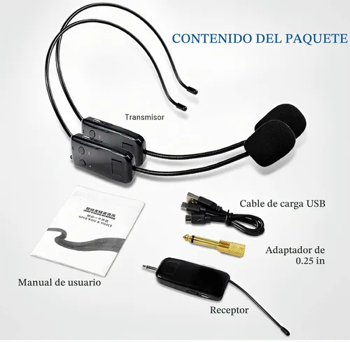 Vista 6 de Sistema de micrófono inalámbrico 2.4G para dos personas, alcance de 165 pies, transmisión estable, micrófono de auriculares portátil