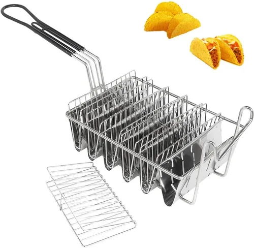 Vista 5 de SOTECH Cesta de tortilla para freír en la cocina, molde para freír para freír y freír grasa profunda, cesta cuadrada de acero inoxidable (4 conchas)