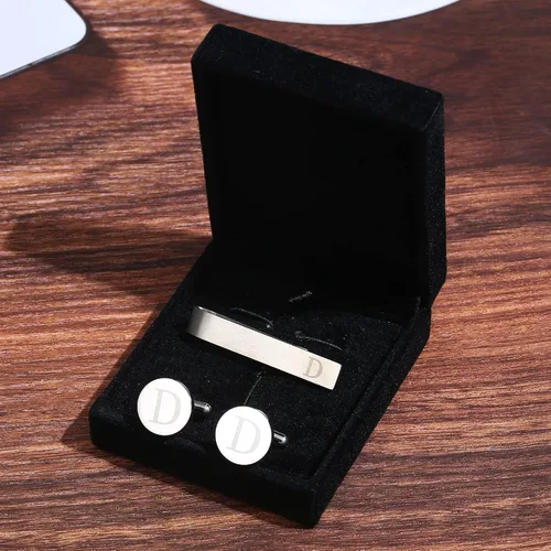 Vista 2 de LOYALLOOK - Gemelos de acero inoxidable grabados con inicial y clip de corbata, diseño de letras del alfabeto con caja de regalo, A-Z