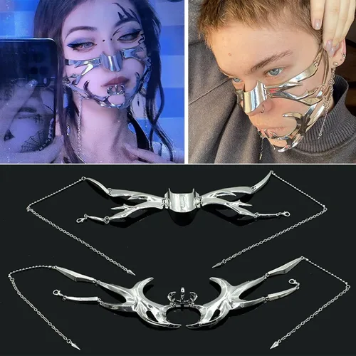 Vista 2 de CyberPunk Cyborg - Máscara de mascarada, máscara de Mardi Gras de media cara, máscara de metal líquido irregular para mujer