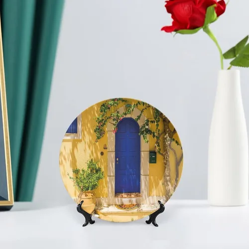 Vista 6 de Plato decorativo de 8 pulgadas, placa de porcelana amarilla y azul, placa de exhibición tradicional griega para puerta de casa griega para cenas