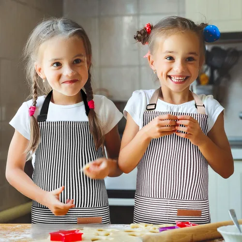 Vista 5 de Jiuguva 2 piezas de delantal para niños ajustable de algodón para niños pequeños con rayas de chef con 2 bolsillos para hornear para niños