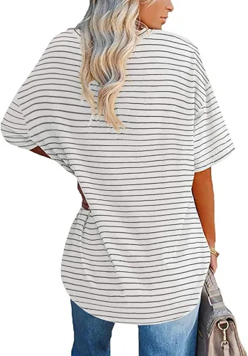 Vista 2 de Fisoew - Camisetas de gran tamaño para mujer, holgadas, media manga, cuello redondo, bloque de colores, estilo túnica, de algodón