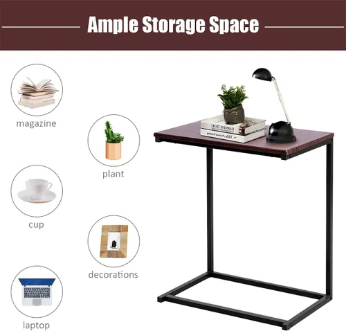 Vista 5 de Mesa auxiliar para sofá cama, mesa auxiliar compacta en forma de C con acabado de madera y marco de metal, mesa de bandeja de TV portátil para café