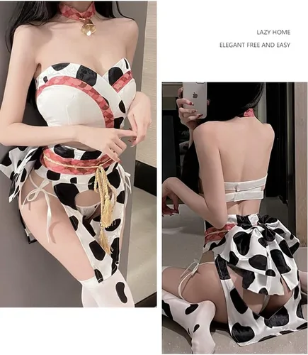 Vista 3 de SINROYEE Conjunto de bikini de vaca de anime para mujer, conjunto de brasier y bragas japonesas Kawaii sirvienta