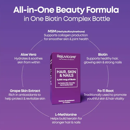 Vista 4 de Piel y uñas, soporte para el crecimiento del cabello, piel y uñas saludables, biotina, vitaminas B1, B2, B3, B6 y B7 + B1, apoya un cabello
