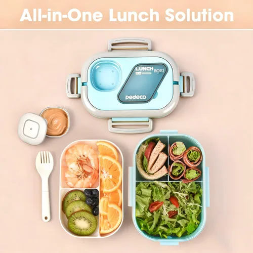 Vista 7 de PEDECO - Caja Bento azul con bolsa, apilable de 2 niveles con utensilios y caja de salsa 3 compartments prevent food mixing,Portable sauce pod