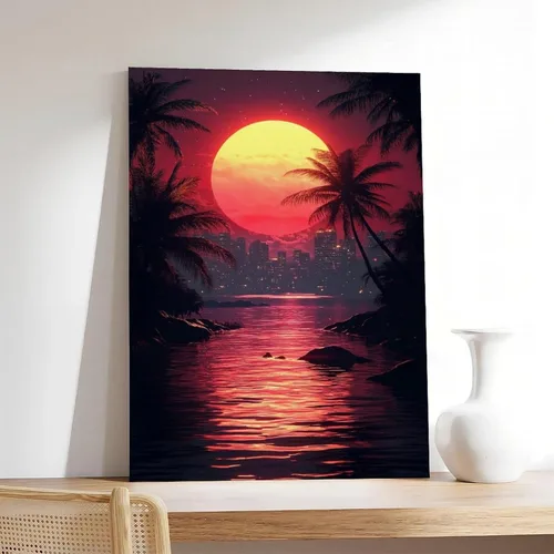 Vista 7 de ZMLIS Futuristic Vaporwave Retro Wall Art – Neon Grid Palm Trees City – Synthwave Style 80s Digital Print Canvas Wall Art Print Poster For Home