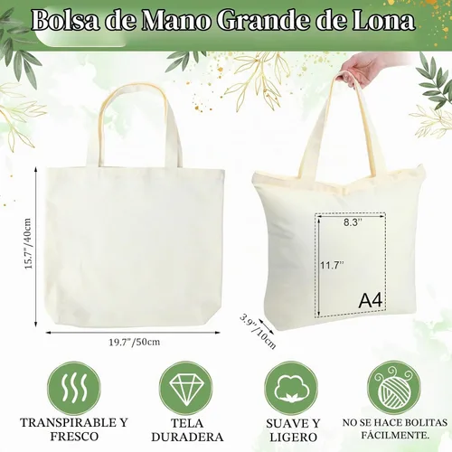 Vista 2 de Bolsas de lona de Silkfly, bolsas de tela de algodón en blanco a granel con asas con cremallera, bolsas reutilizables de diseño simple para Beige