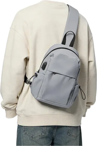 Vista 17 de SEAFEW Small Beige Sling Backpack Travel Hiking Daypack, Crossbody Sling Bag with USB Charging Port for Men Women 3 Layer Pockets One Shoulder Bag