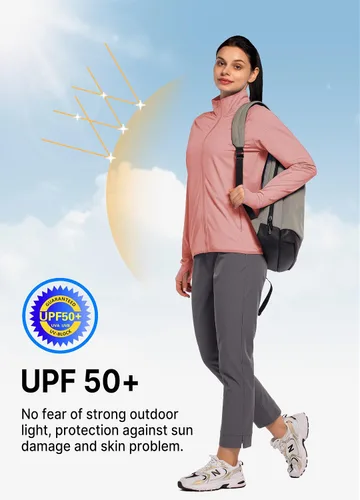 Vista 5 de ChinFun Chaqueta con capucha y protección solar para mujer, UPF 50+, con cremallera completa, manga larga, para correr, senderismo, rendimiento