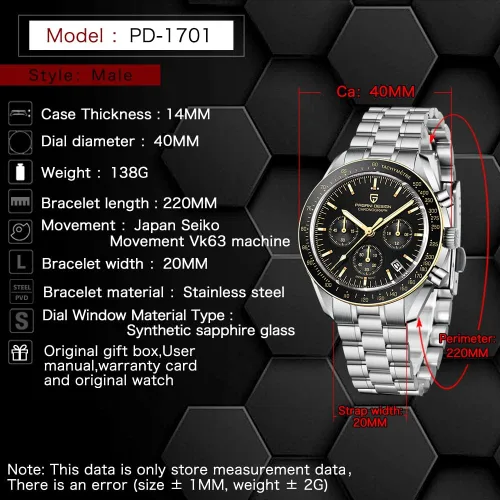 Vista 6 de Pagani Design 1701 Reloj de cuarzo para hombre, casual, esfera de acero inoxidable, reloj analógico automático, 328.1 ft, resistente al agua