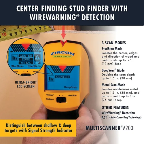 Vista 3 de Zircon MultiScanner A200 – Escáner de pared electrónico, detector de pernos y metales con detección de cables de corriente alterna en vivo, puntero
