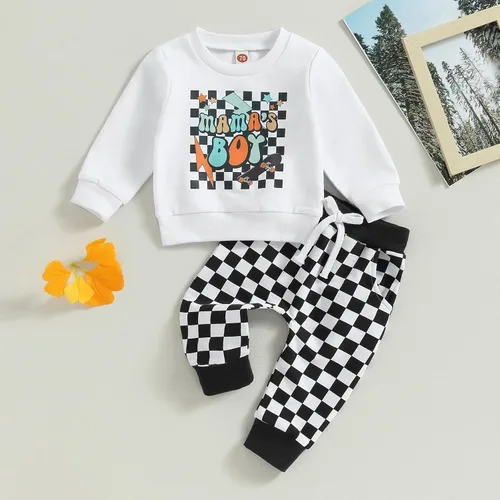 Vista 2 de Karwuiio Conjunto de sudadera de manga larga con estampado de tablero de ajedrez y pantalones, ropa de otoño, blanco 1