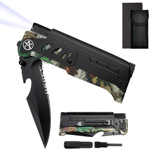 Vista 8 de Cuchillo de bolsillo militar EDC de 8.5 pulgadas para exteriores, 7 en 1, cuchillos plegables multifunción con iniciador de fuego, cortador de Negro