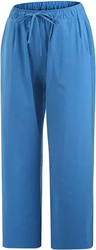 Vista 3 de YOLAI Pantalones capri para mujer, estilo casual, de verano, con cordón elástico, cintura alta, de lino, recto, pierna ancha, pantalones recortados