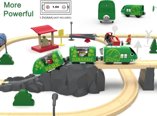 Vista 3 de Juego de tren de juguete para pistas de madera, tren a pilas para niños pequeños, tren motorizado con tren de dinosaurio para niños, juguete de tren