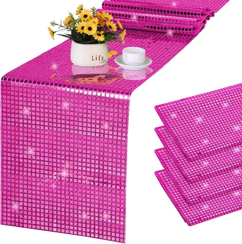 Vista 11 de Durony Paquete de 2 caminos de mesa disco de 11 x 108 pulgadas, espejo rosa intenso con laminado de purpurina y lentejuelas brillantes