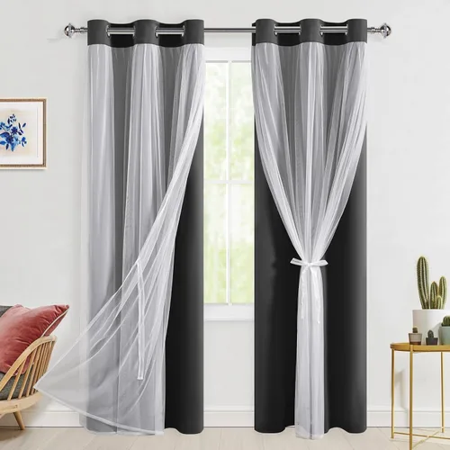 Vista 22 de Hiasan Cortinas opacas con superposición transparente, aislamiento térmico para mezclar y combinar de doble capa, cortinas de oscurecimiento de Beige