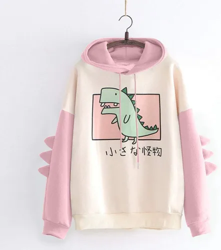 Vista 6 de Sudadera de invierno Kawaii de manga larga con capucha para mujer, diseño de dinosaurio, estampado japonés