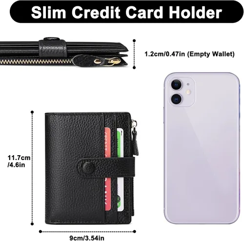 Vista 3 de FALAN MULE - Carteras pequeñas para mujer con bloqueo RFID, piel auténtica, cartera plegable delgada con cremallera y monedero para monedas