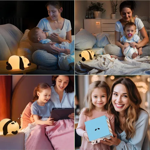 Vista 6 de Linda luz nocturna recargable de panda, luz nocturna para guardería con 3 niveles de atenuación y temporizador, luz nocturna de silicona de lindo