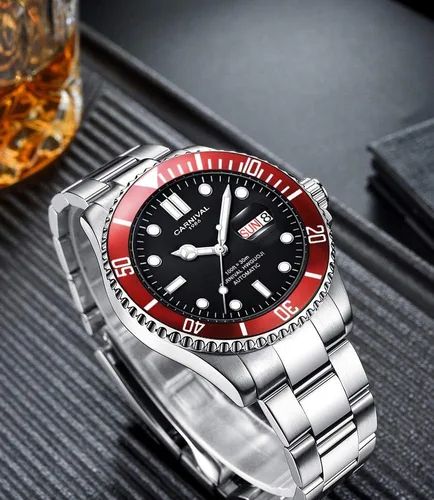 Vista 3 de CARNIVAL Reloj negro impermeable de acero inoxidable con bisel giratorio para hombre (rojo), Rojo -, Leisure