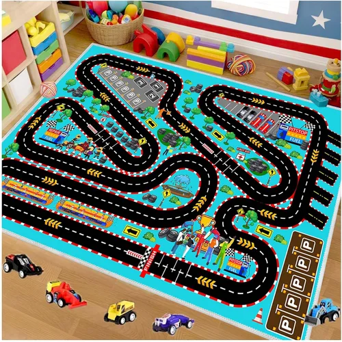 Vista 14 de Alfombra de coche para niños para autos de juguete, alfombra de pista de carreras, alfombra de carretera para sala de juegos, aula, habitación