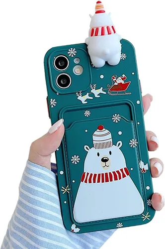 Vista 10 de Yatchen Funda de Navidad para iPhone 7/8/SE2, bonito diseño de dibujos animados 3D de Papá Noel con ranura para tarjetas, funda protectora ultra