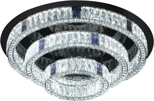 Vista 8 de Candelabro de cristal LED moderno de 32 pulgadas para sala de estar, lámpara redonda de cristal de 3 niveles, lámpara de techo de cristal negro